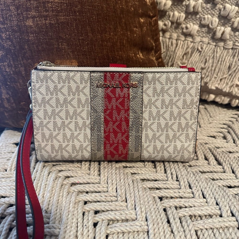 Michael Kors Chili Red and Pale Gold double zip wallet